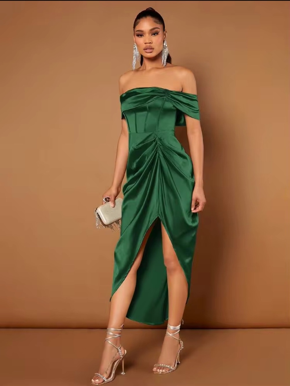SHEIN Emerald Green Ruched Off Shoulder Satin Midi Hem Dress